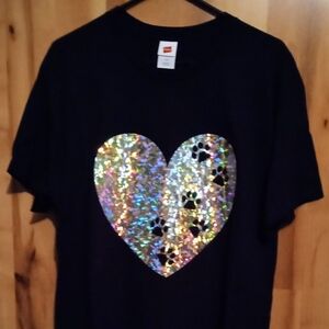 Handmade Hanes Large Black T-shirt With Holographic Print Heart With Paw Prints